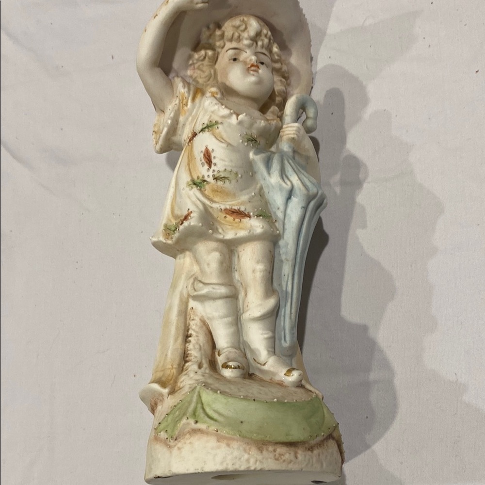 Vintage Bisque Porcelain Hand Painted Figurine with Umbrella 9” approx - Picture 5 of 15